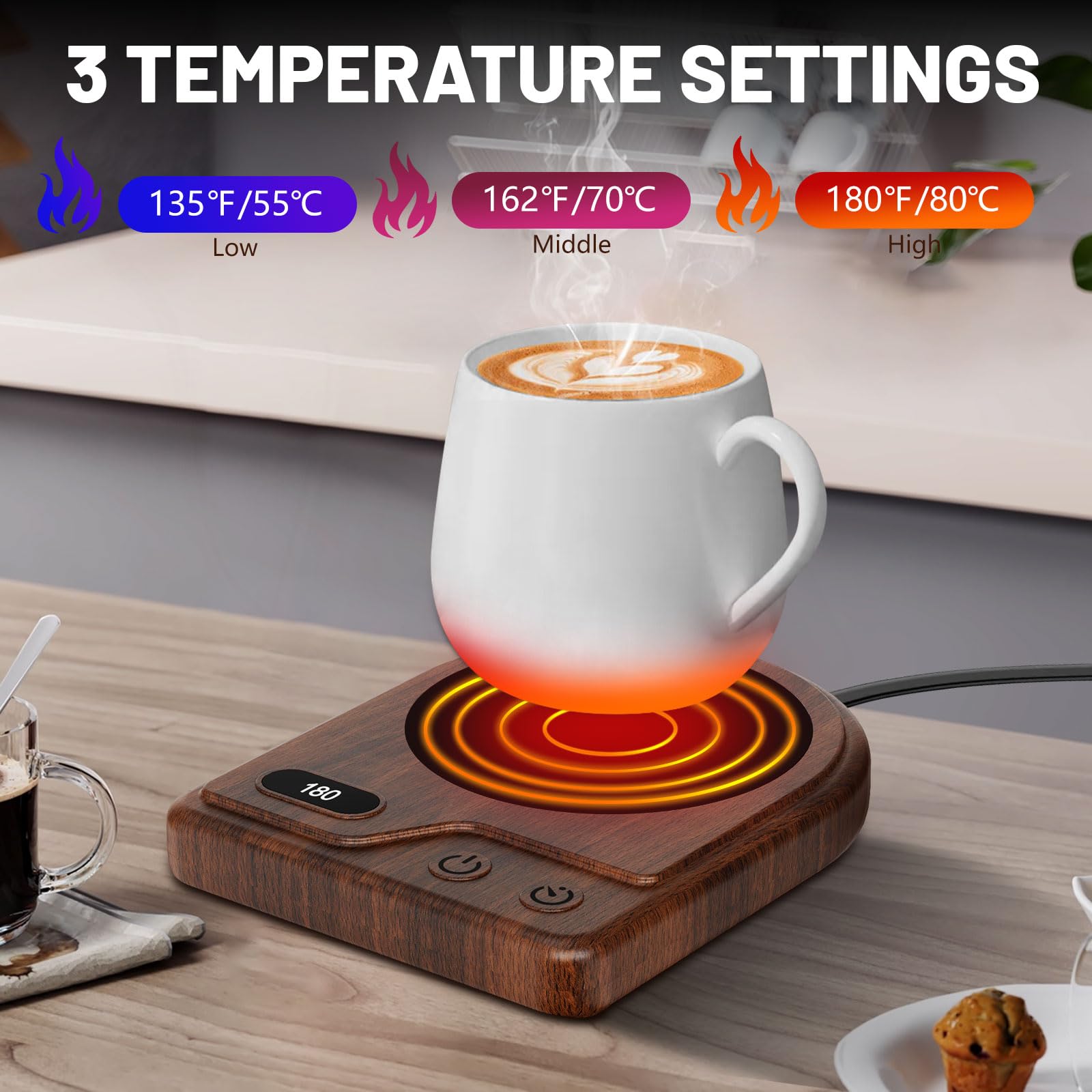 Yanxus mug warmer with digital display shows temperature and timer clearly.
