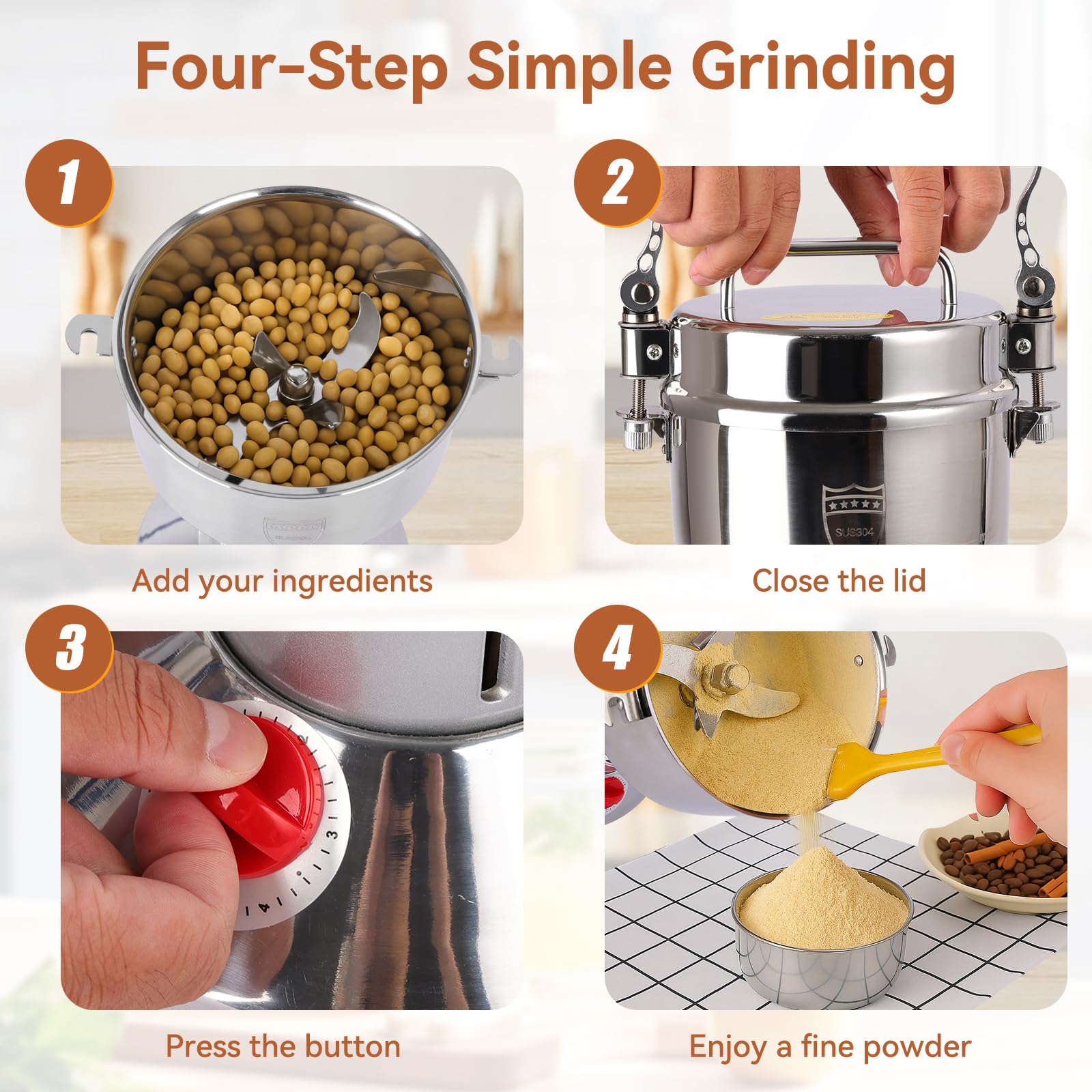 Yaofafa grain mill grinder operation with lid secure emphasizes safe, mess-free grinding.