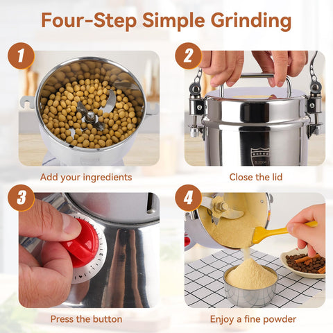 Yaofafa grain mill grinder operation with lid secure emphasizes safe, mess-free grinding.