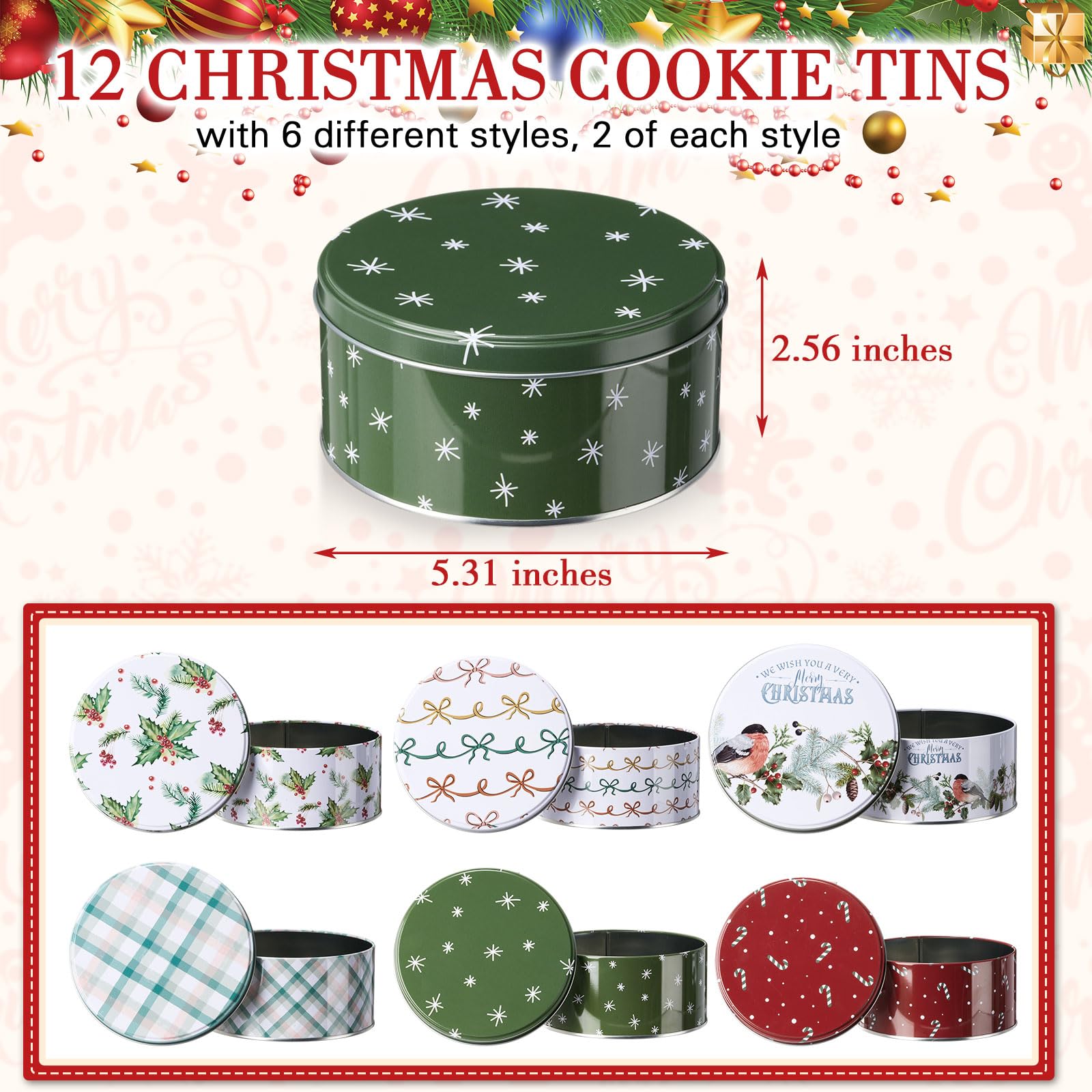 Yaomiao round metal cookie tin in red and green, festive and sturdy