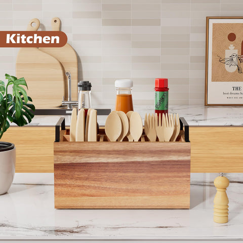Yaoyiizy Acacia wood countertop organizer adds warmth and protects surfaces.