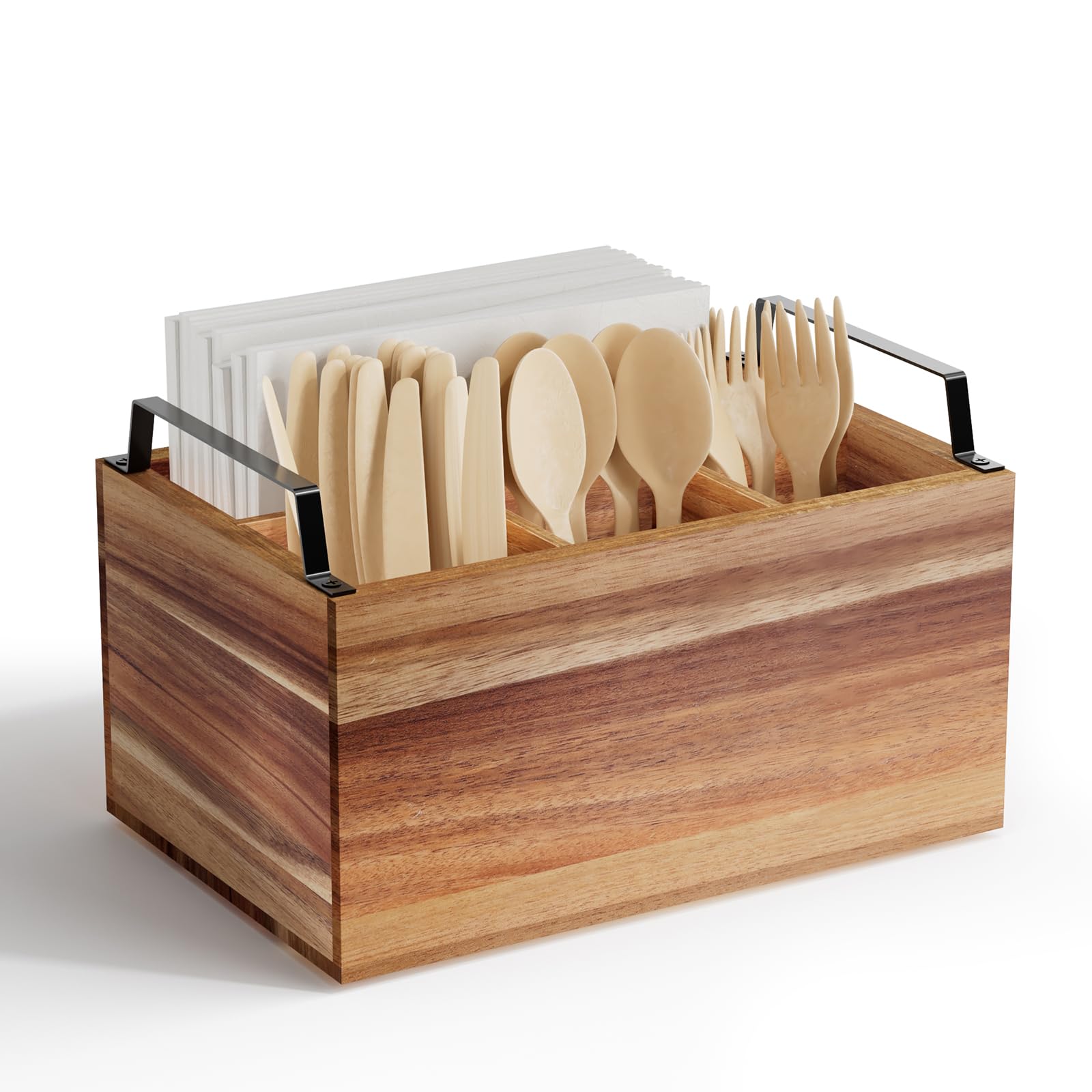 Yaoyiizy Acacia silverware caddy keeps utensils neatly organized on countertops.
