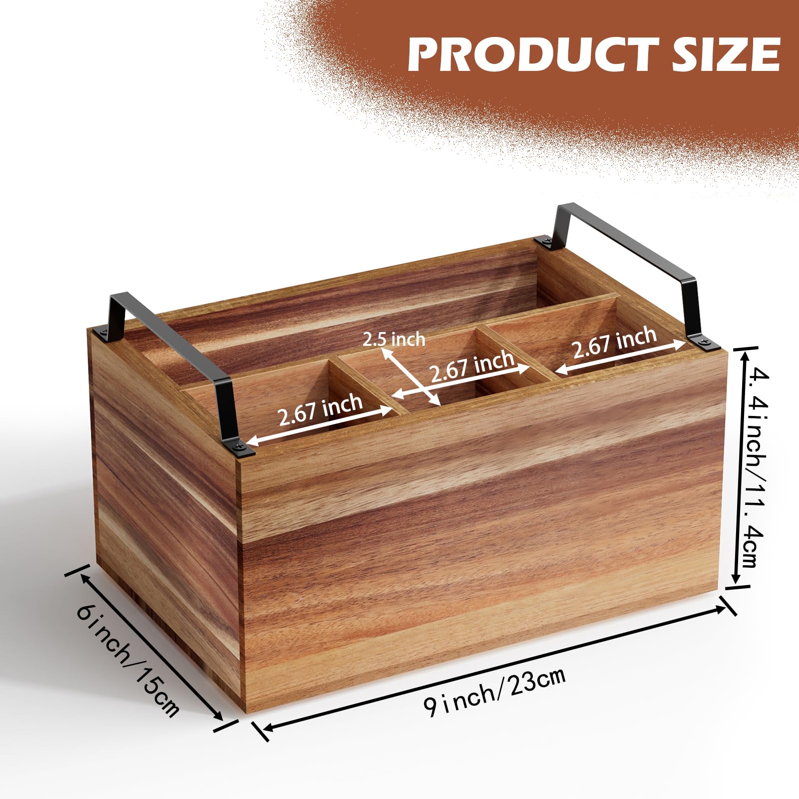 Yaoyiizy Acacia silverware organizer with three compartments for knives, forks, spoons.