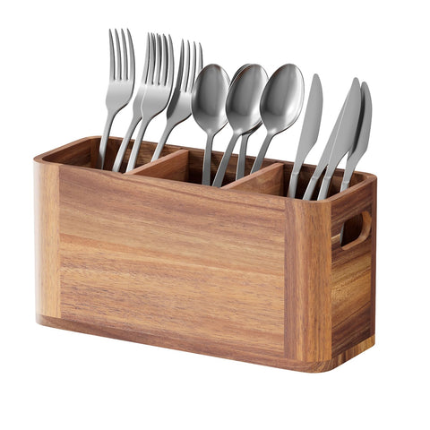 Yaoyiizy silverware holder on acacia wood for organized countertops.