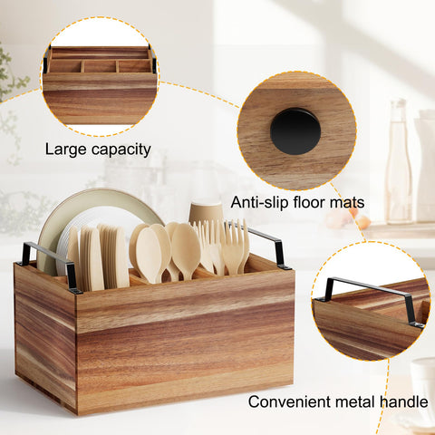 Yaoyiizy wood storage box holds plates or napkins beside utensils.