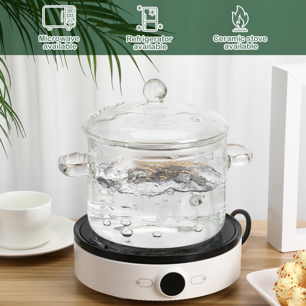 Yardwe glass pot with lid on for secure, even heating and fuss-free covering