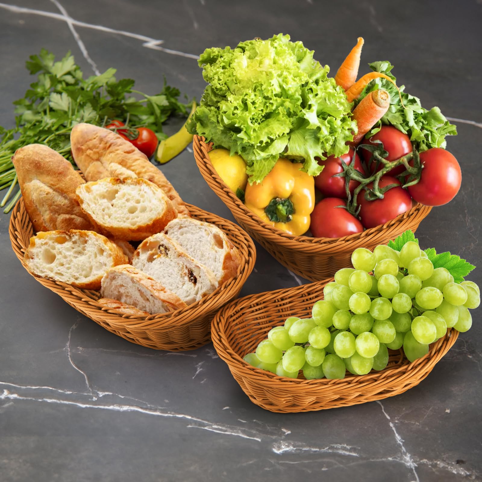 Yarlung kitchen organization idea using baskets for breads, fruits, and snacks