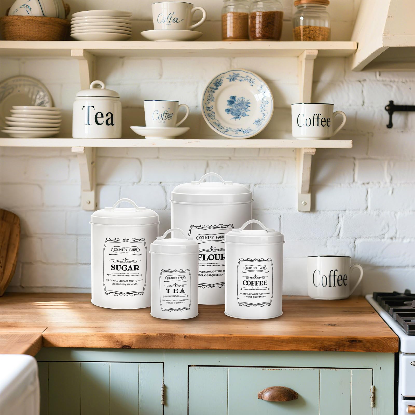 Yarlung farmhouse storage jars upgrade shelves with vintage print.
