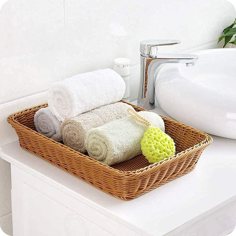 Brown-toned basket with modern rattan look fits diverse decor