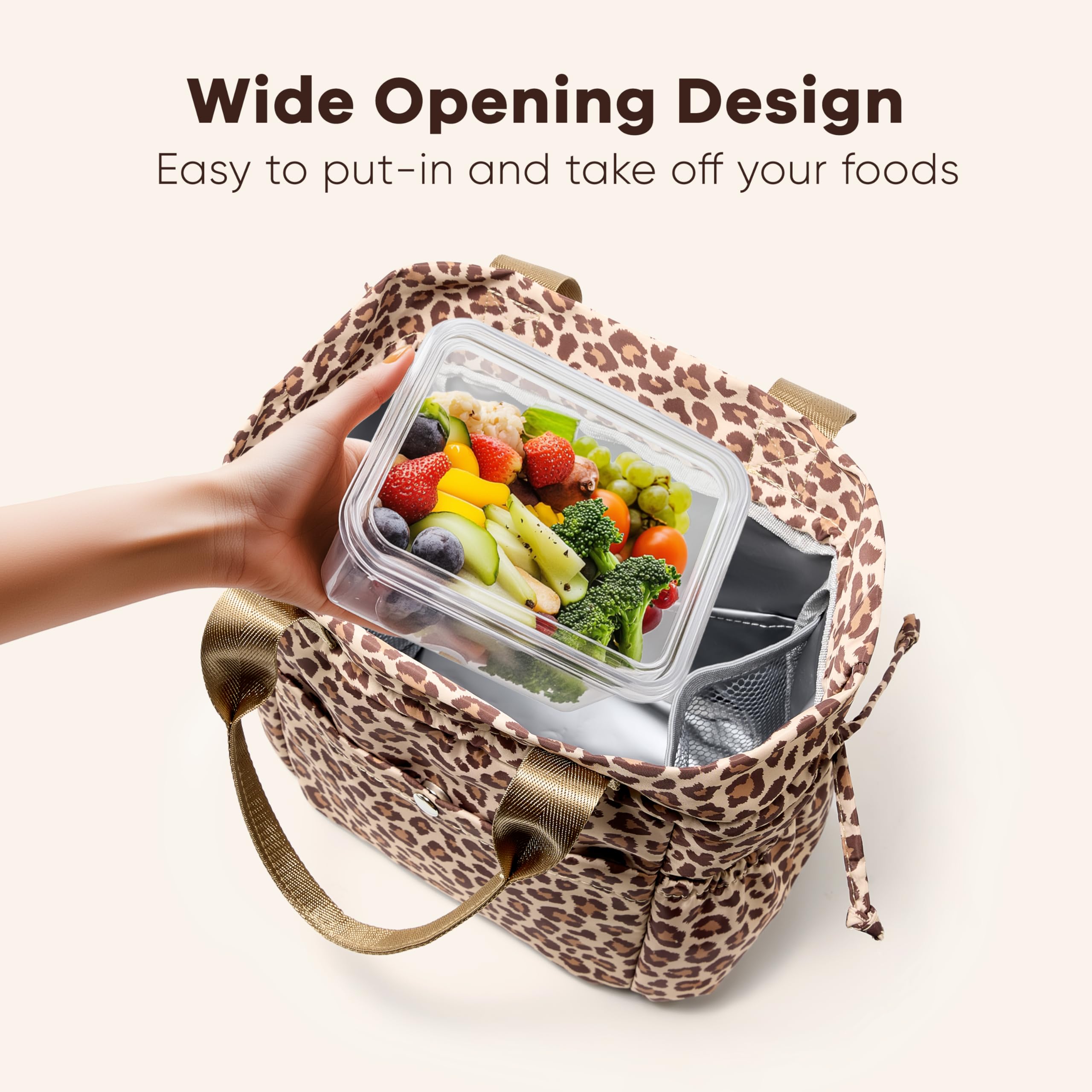 Yarnic lunch bag wide opening for easy placement of lunch boxes.