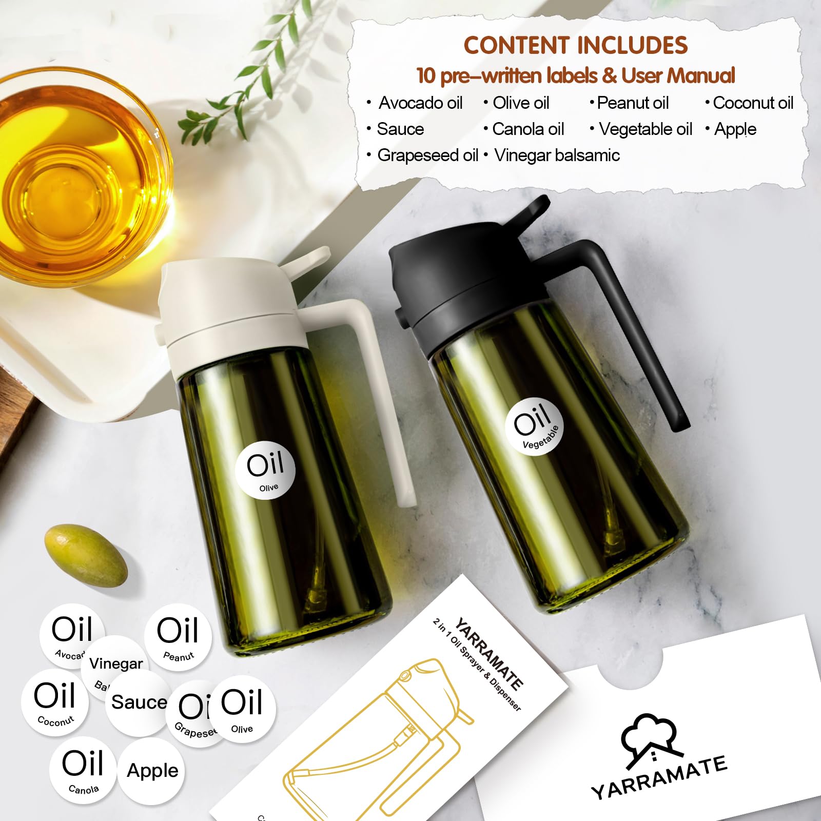 YARRAMATE dark-green glass bottle keeps oil fresh and easy to monitor.