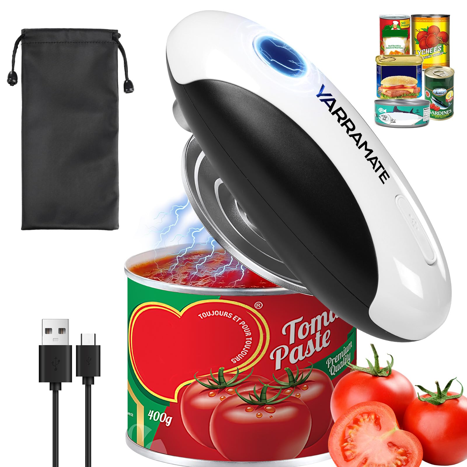 YARRAMATE electric can opener showing one-touch operation for hands-free use.