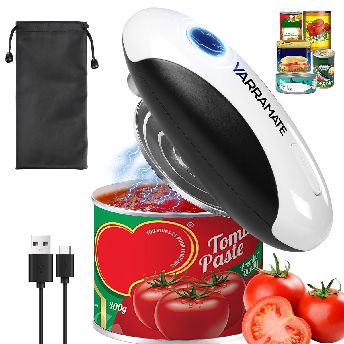 YARRAMATE electric can opener showing one-touch operation for hands-free use.