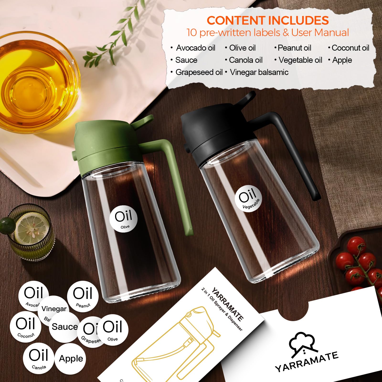 YARRAMATE olive oil sprayer mist dispense creates even distribution for cooking.