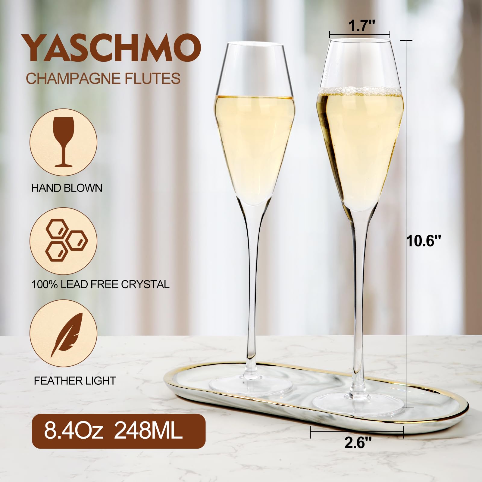 Yaschmo Champagne Flutes offer 8.4-ounce capacity for easy toasts