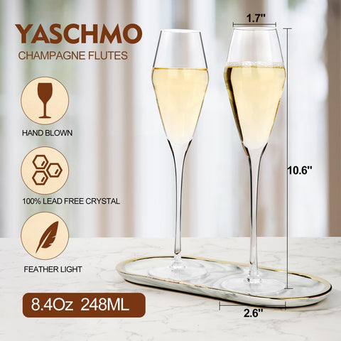 Yaschmo Champagne Flutes offer 8.4-ounce capacity for easy toasts