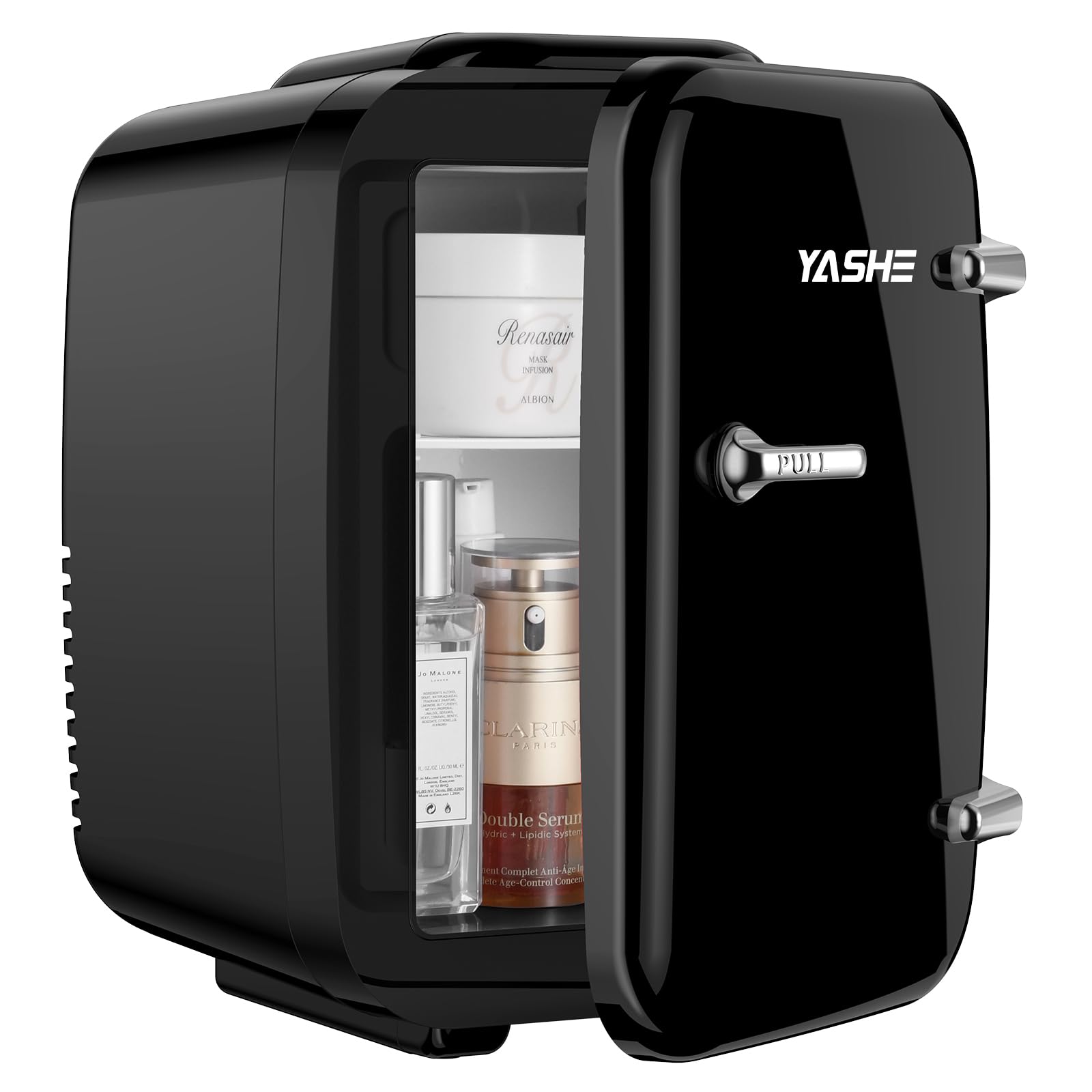 YASHE mini fridge 4L capacity shown with six cans.