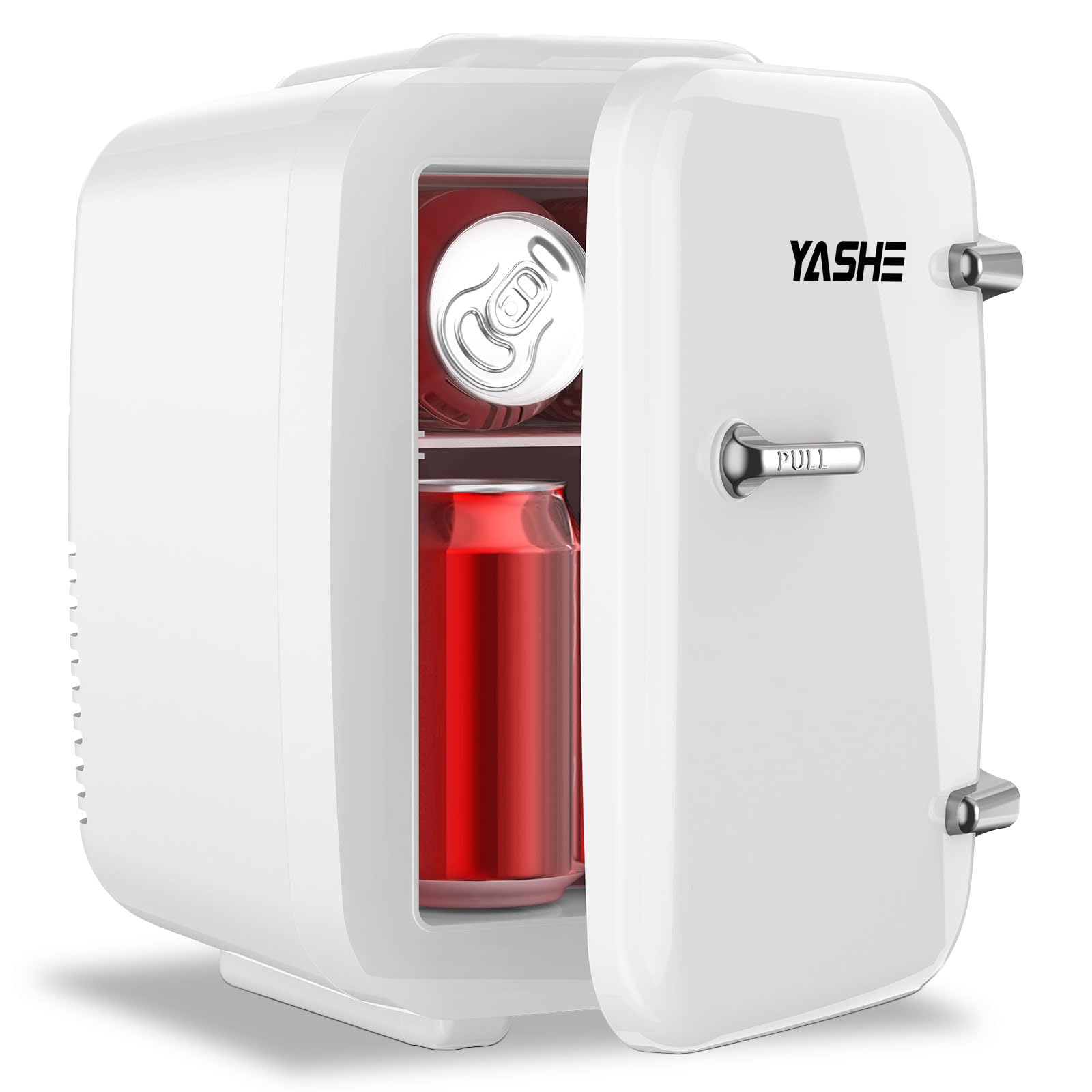 YASHE mini fridge 4L front view showing compact design ideal for small spaces and easy access.
