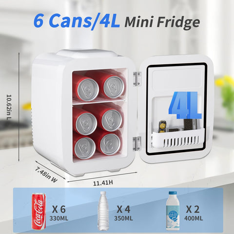 YASHE mini fridge 4L interior with six cans demonstrates convenient cold storage for beverages.
