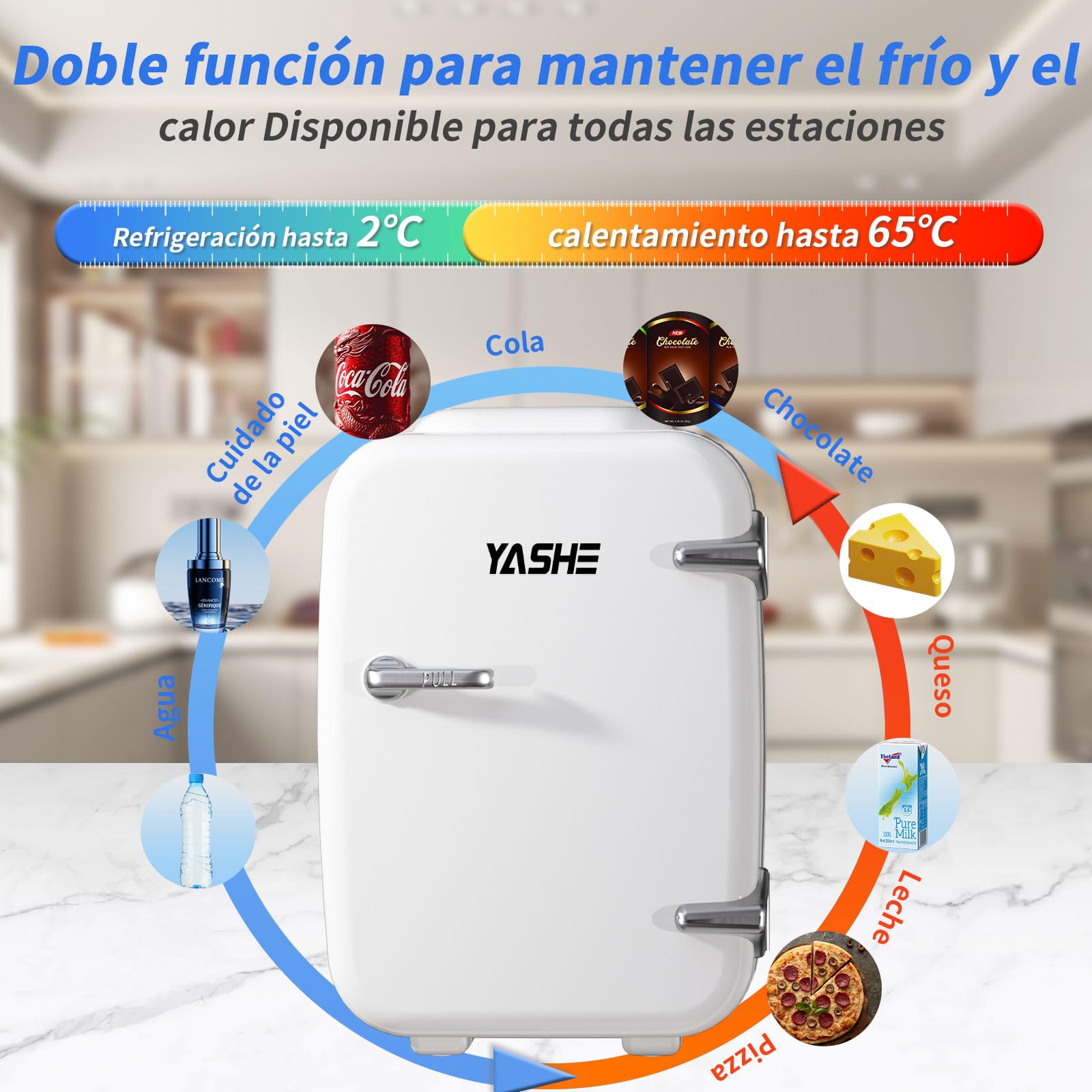 YASHE heat/cool control close-up highlights versatile temperature options for skincare and drinks.