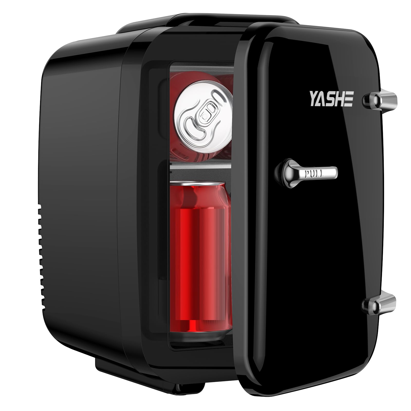 YASHE mini fridge interior view shows compact 4L capacity for skincare and drinks.
