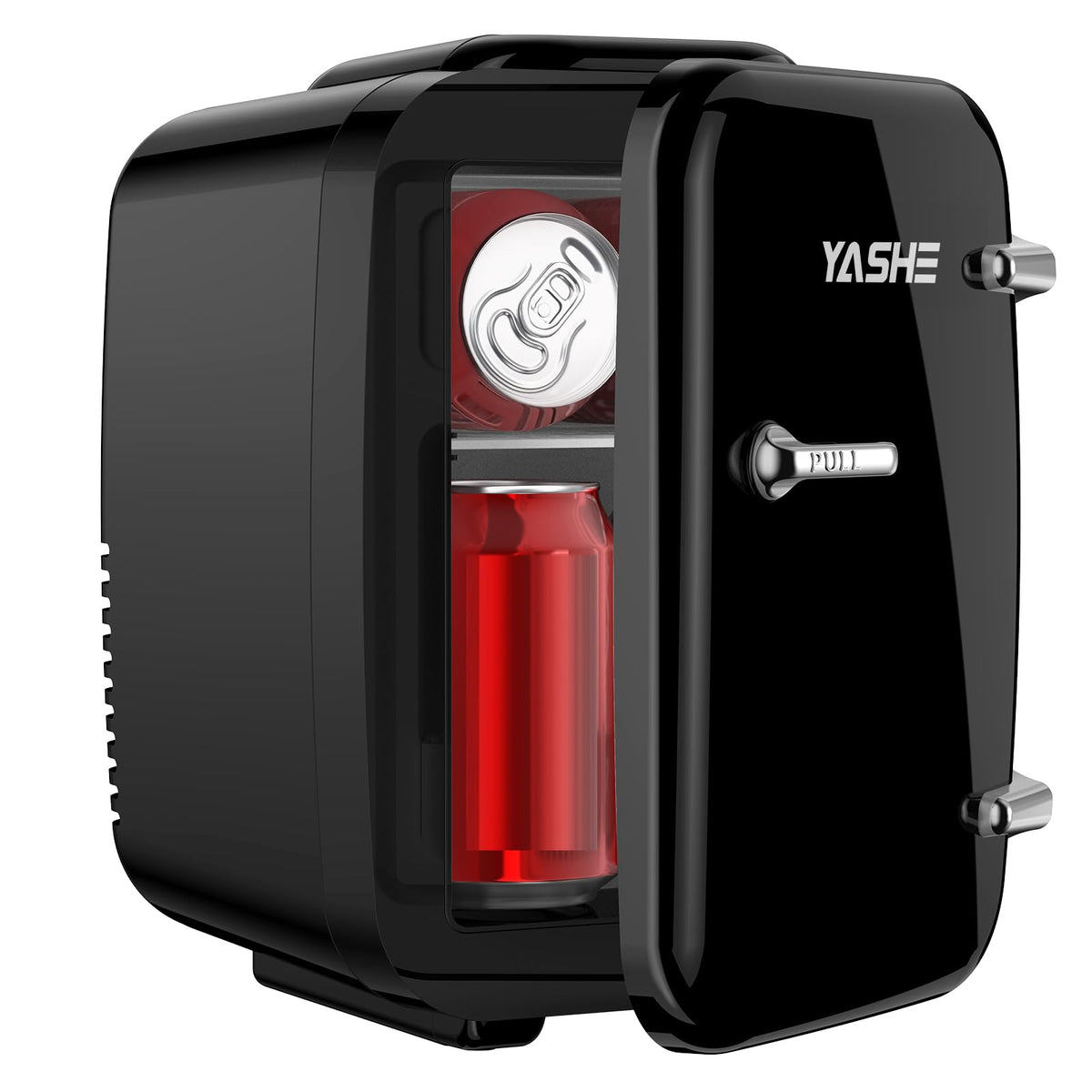 YASHE mini fridge interior view shows compact 4L capacity for skincare and drinks.