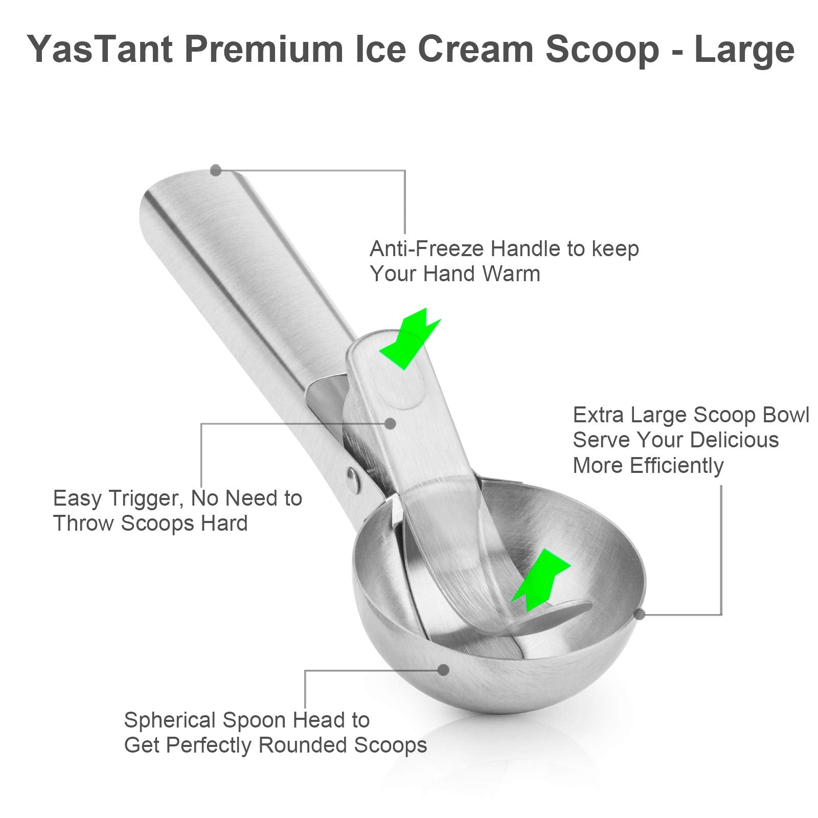 YasTant ice cream scoop featuring ergonomic-grip-design for comfortable control.