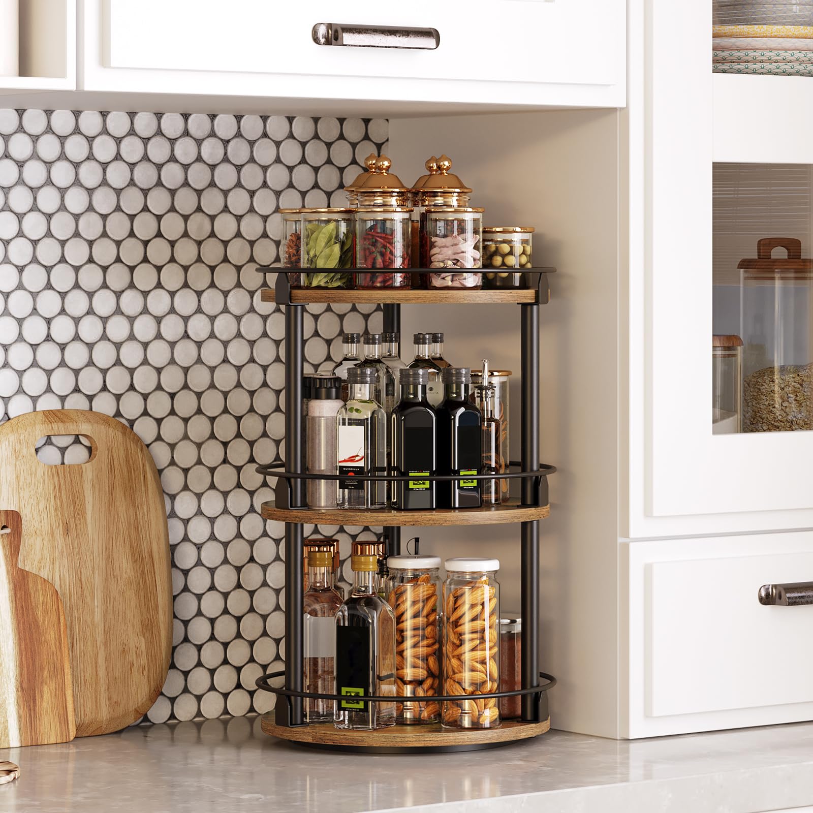 YATINEY industrial turntable organizer adds versatile storage for kitchen and pantry.