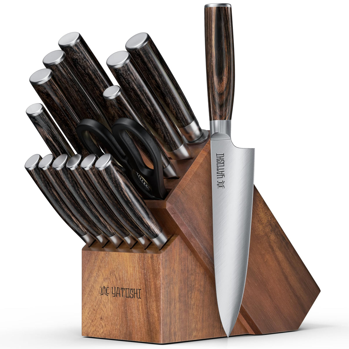 Yatoshi Knives 15-piece knife block set full view for organized kitchen prep