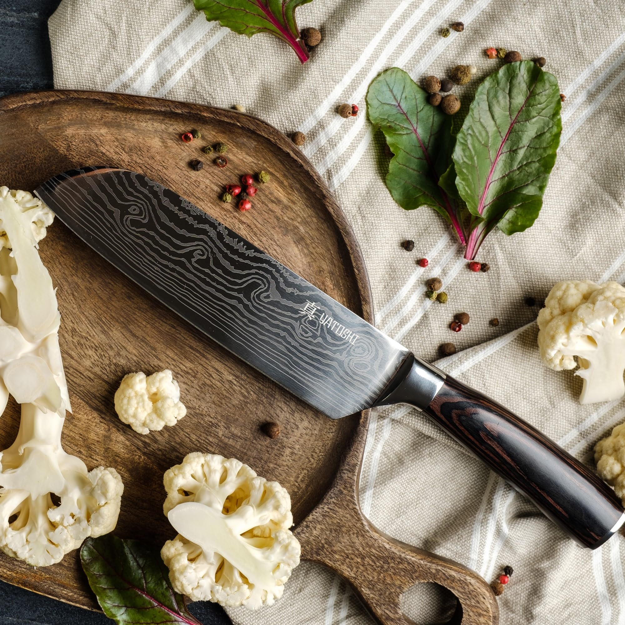 Yatoshi Knives 5in Santoku Knife compact balance for fine dicing.