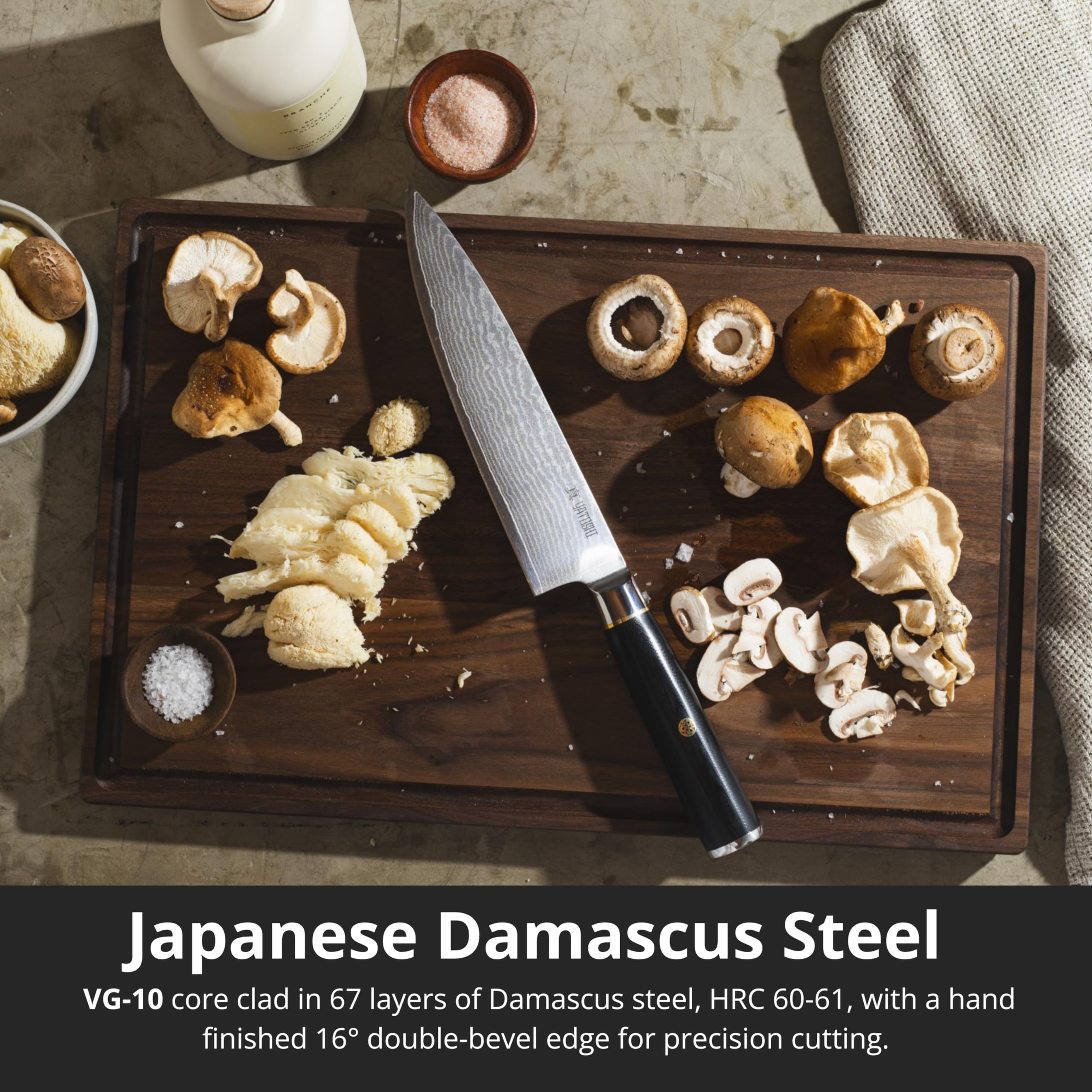 Yatoshi Knives 8-inch chef knife with VG-10 core for precise slicing.
