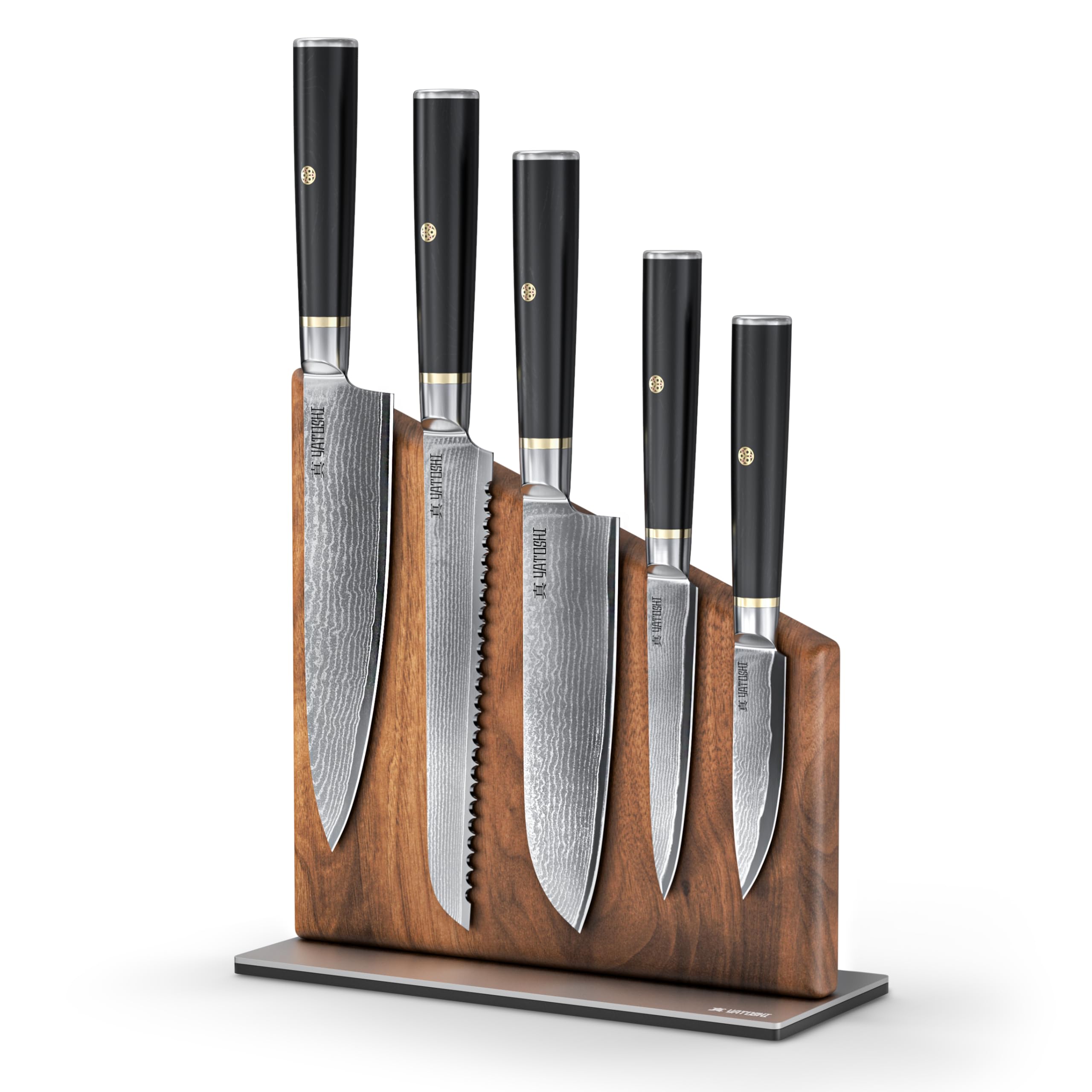 Yatoshi Knives magnetic block keeps six blades organized on the counter.