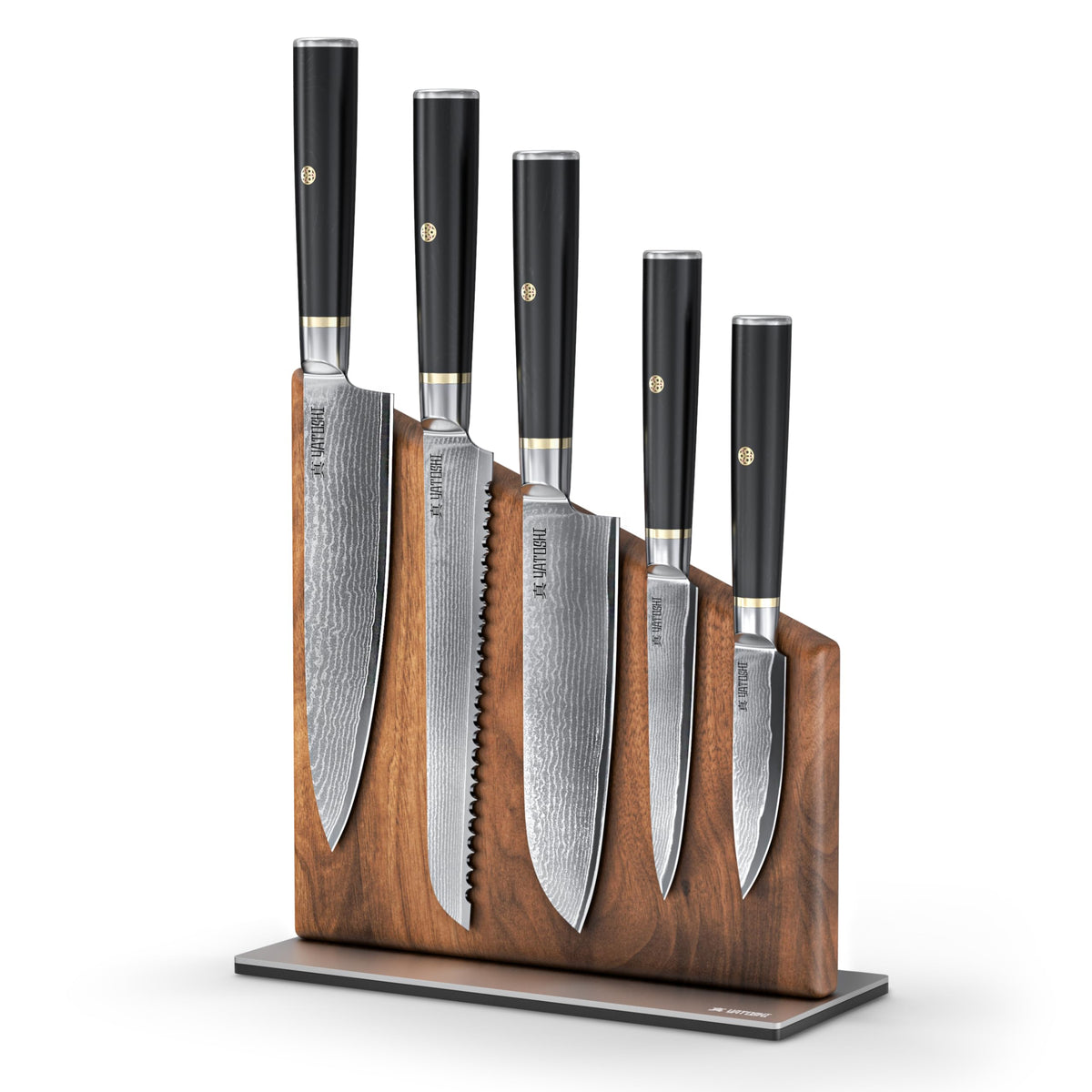 Yatoshi Knives magnetic block keeps six blades organized on the counter.