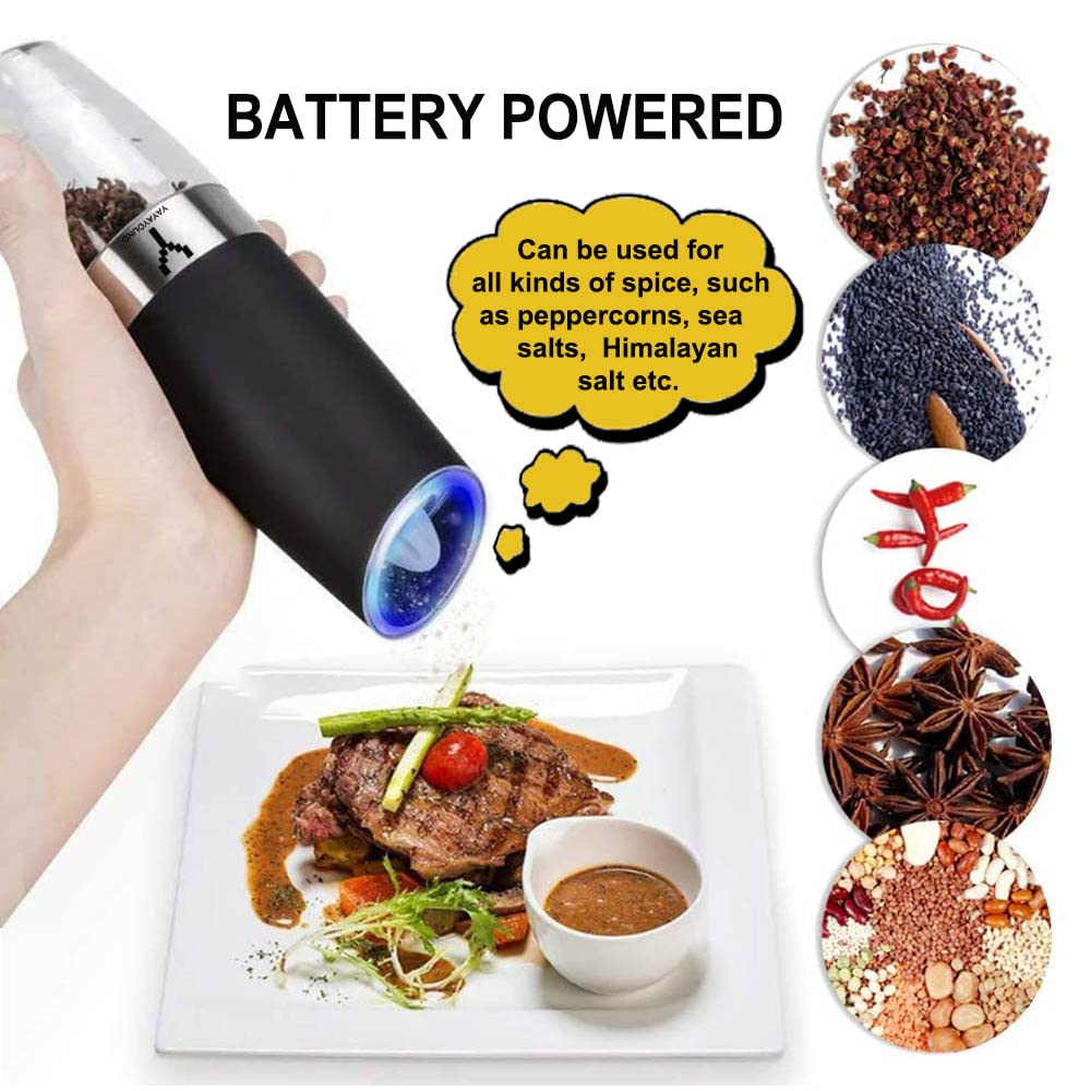 YAYAYOUNG gravity grinder blue LED light illuminates spices for precise seasoning.