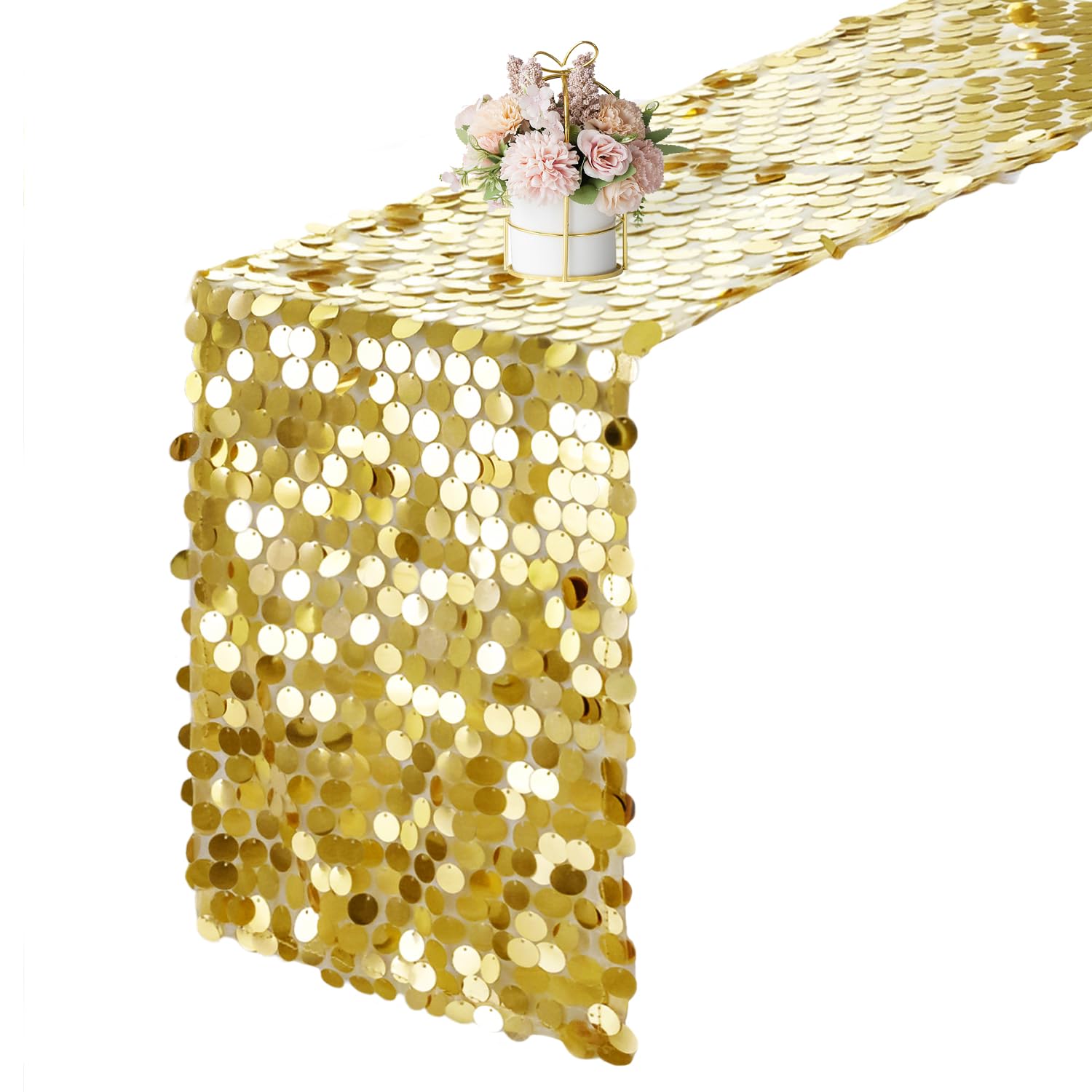 Yblut gold-sequin table runner 12x108 on dining table boosts festive elegance