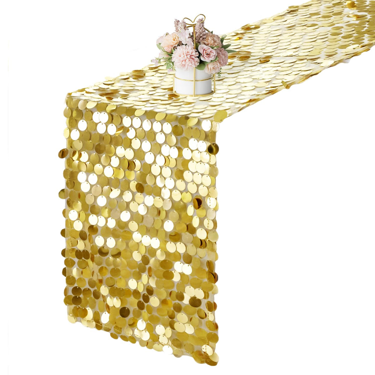Yblut gold-sequin table runner 12x108 on dining table boosts festive elegance
