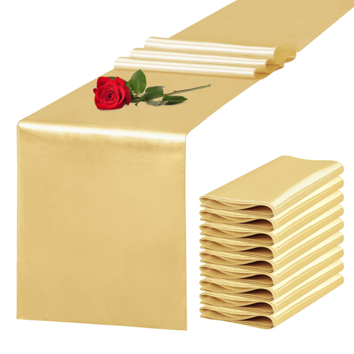 Yblut light gold satin table runner enhances wedding table decor.