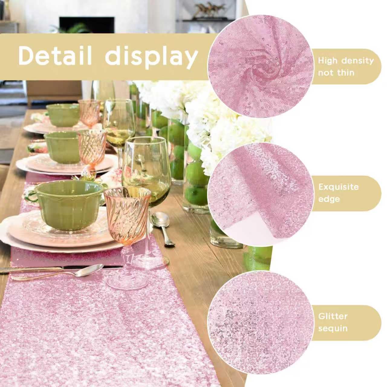 Yblut pink glitter sequin table runner edge-draped for a refined look.