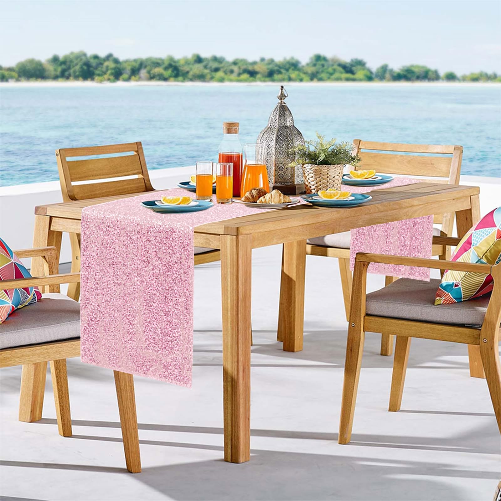 Yblut pink glitter sequin table runner on table for elegant wedding reception decor.