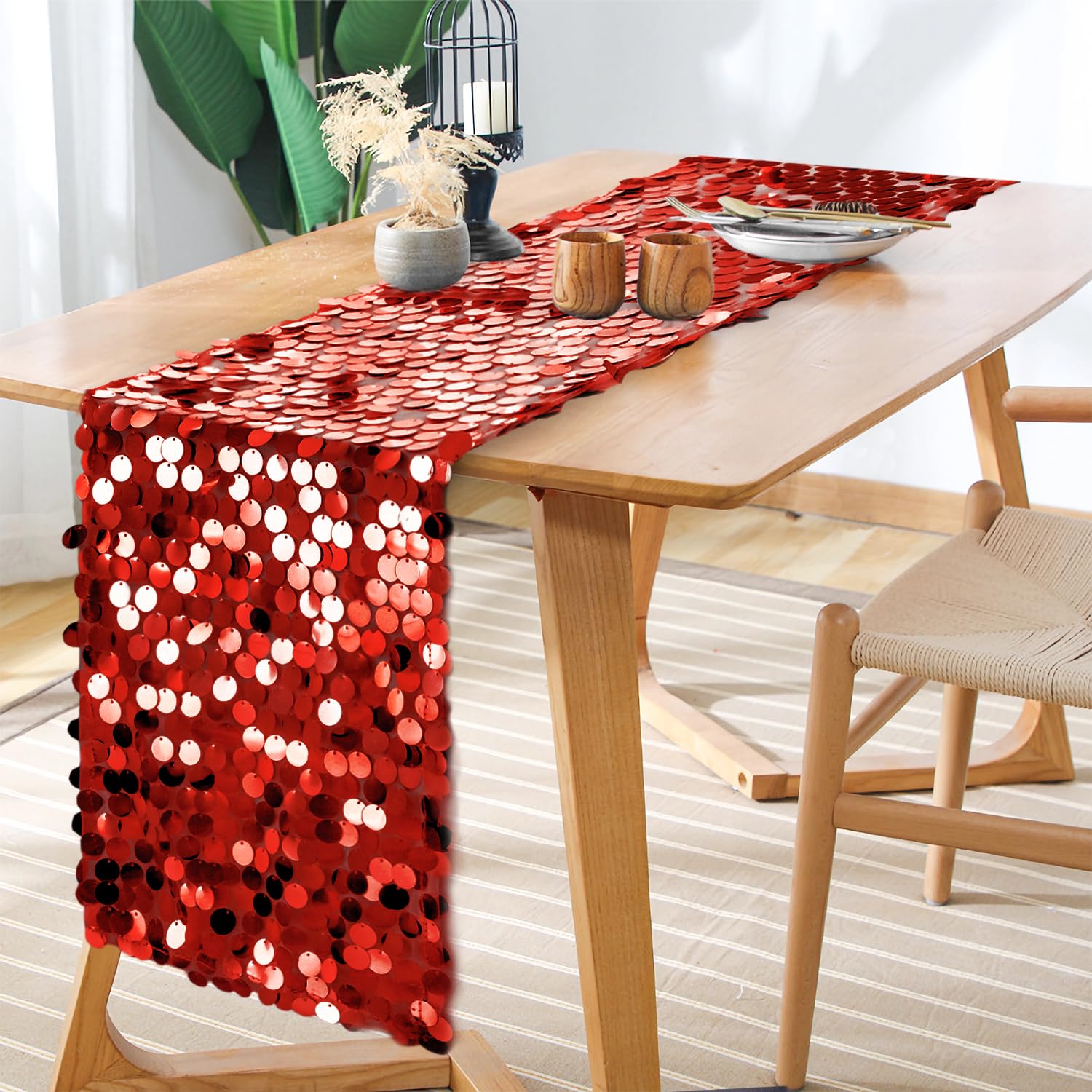 Yblut red sequin table runner close-up shows dense mesh weave and shimmer