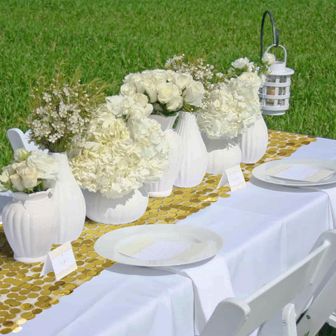 Yblut seamless-design gold-sequin table runner showcases smooth surface and wrinkle-free edges
