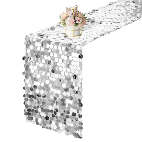 Yblut silver sequin table runner on table adds glamorous wedding decor
