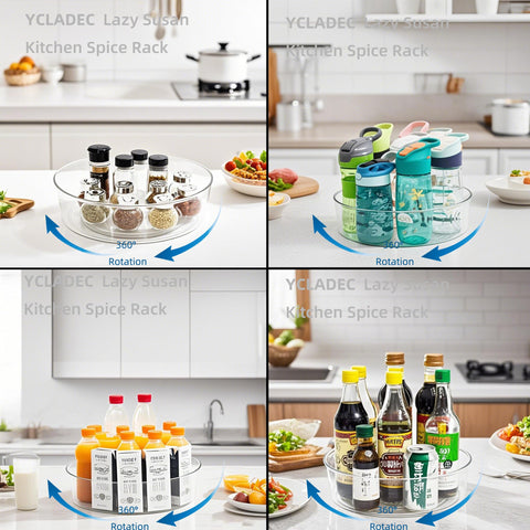 YCLADEC Lazy Susan demonstrates 360-degree rotation for quick reach.