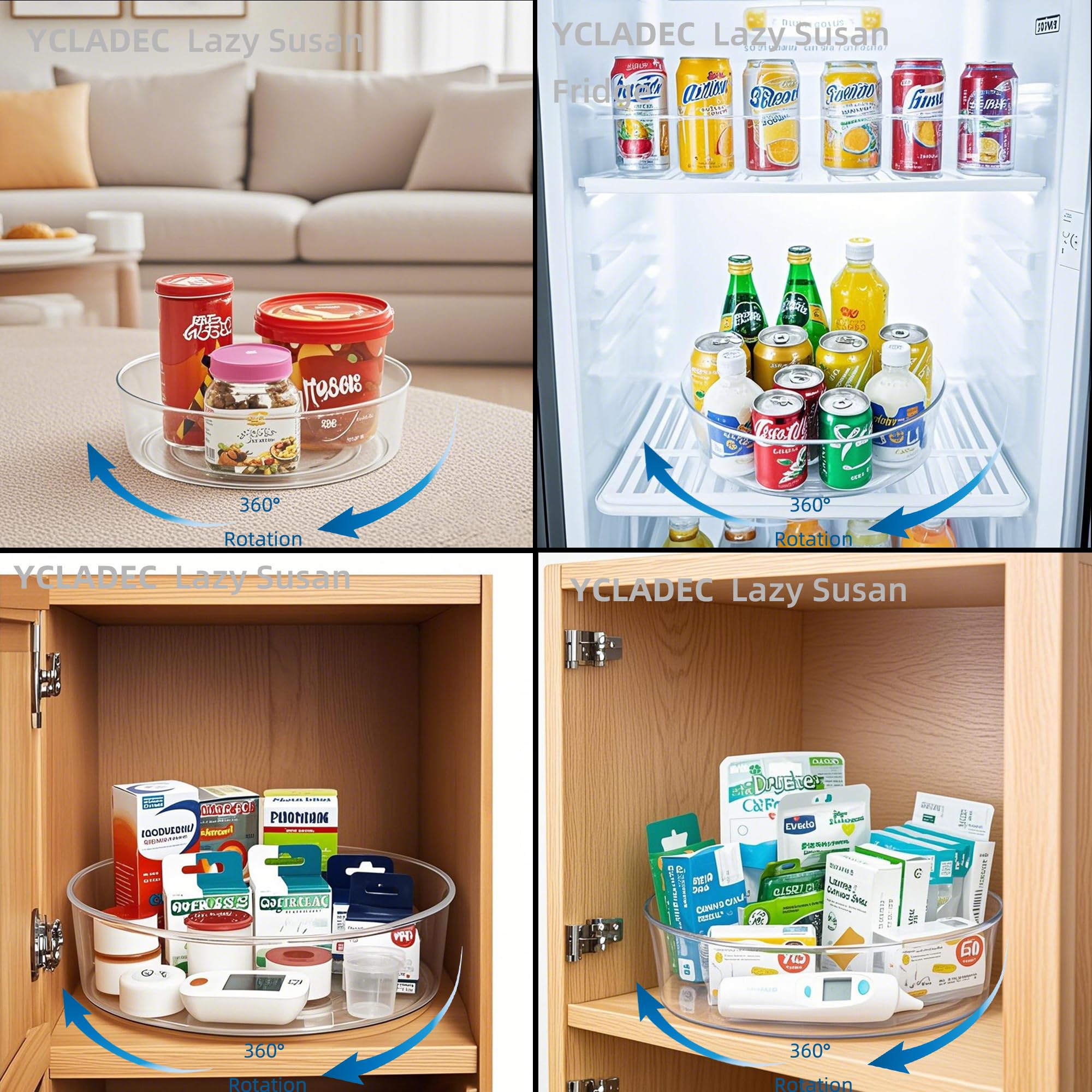 YCLADEC Lazy Susan organizes cosmetics on vanity surfaces.