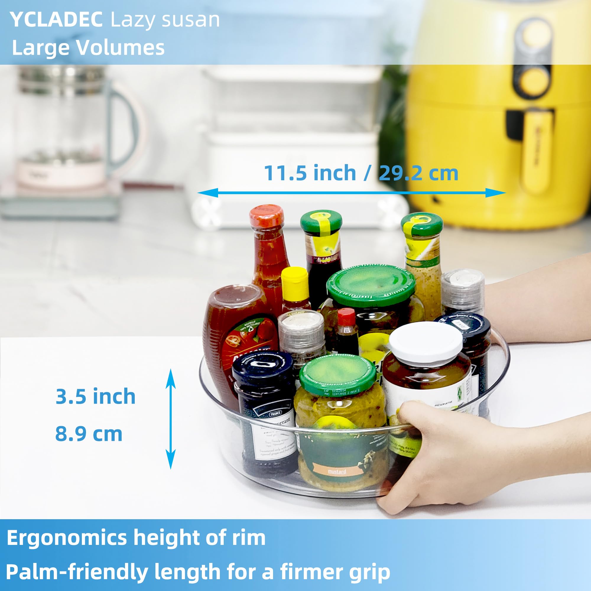 YCLADEC Lazy Susan fits kitchen shelves with clear visibility.