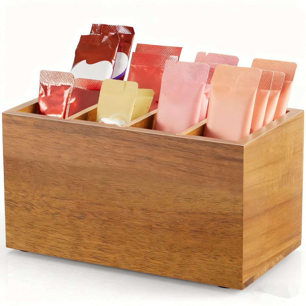 YCXNBHH wooden drink packet organizer on countertop keeps packets tidy and within reach.