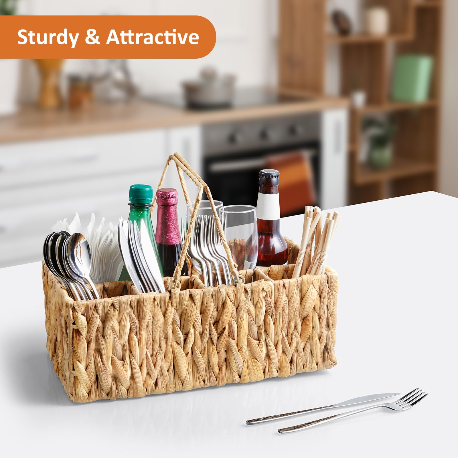 YCXNBHH wicker utensil caddy large compartments keeps forks and spoons organized