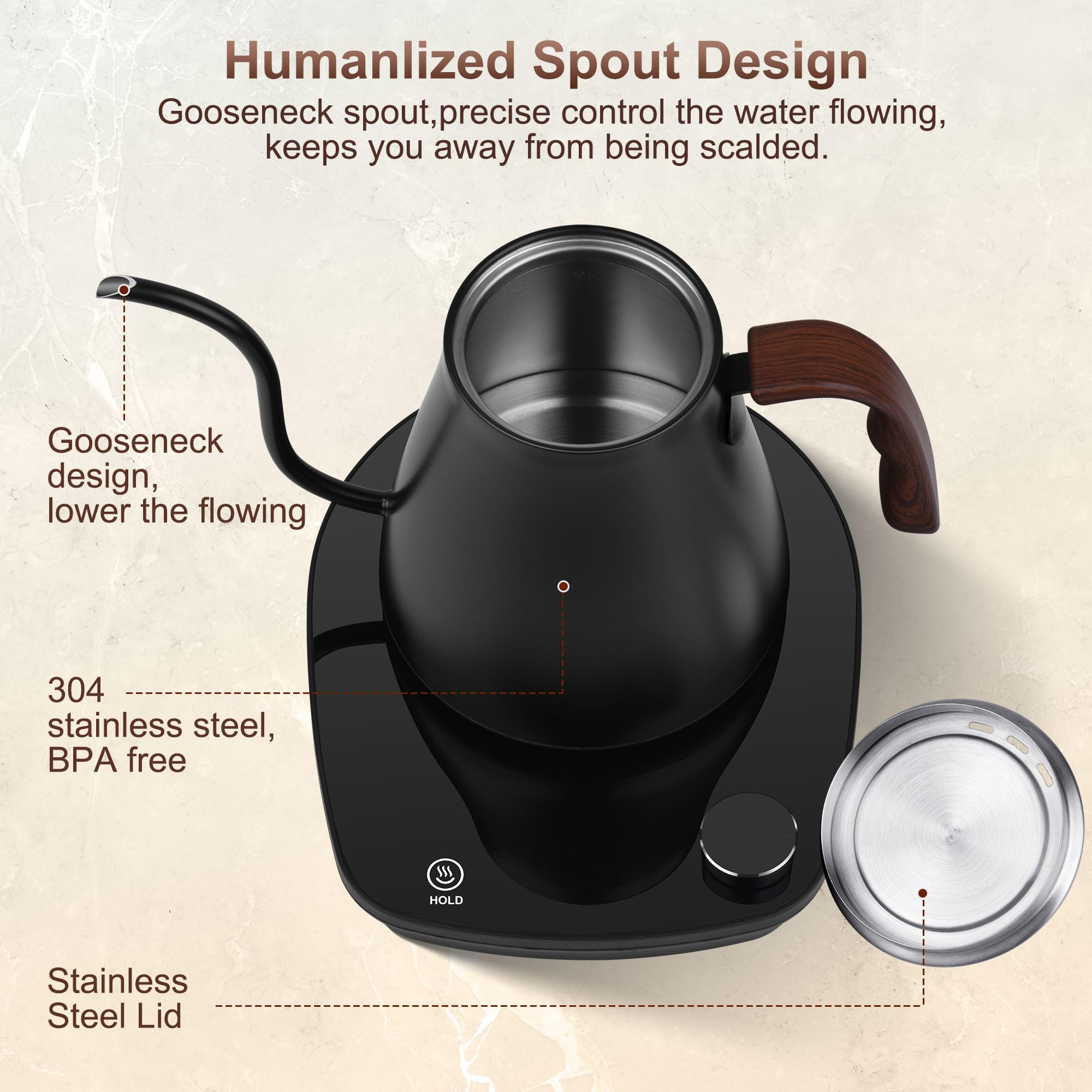 YDDZZM gooseneck kettle with wood-like handle blends style and comfort.