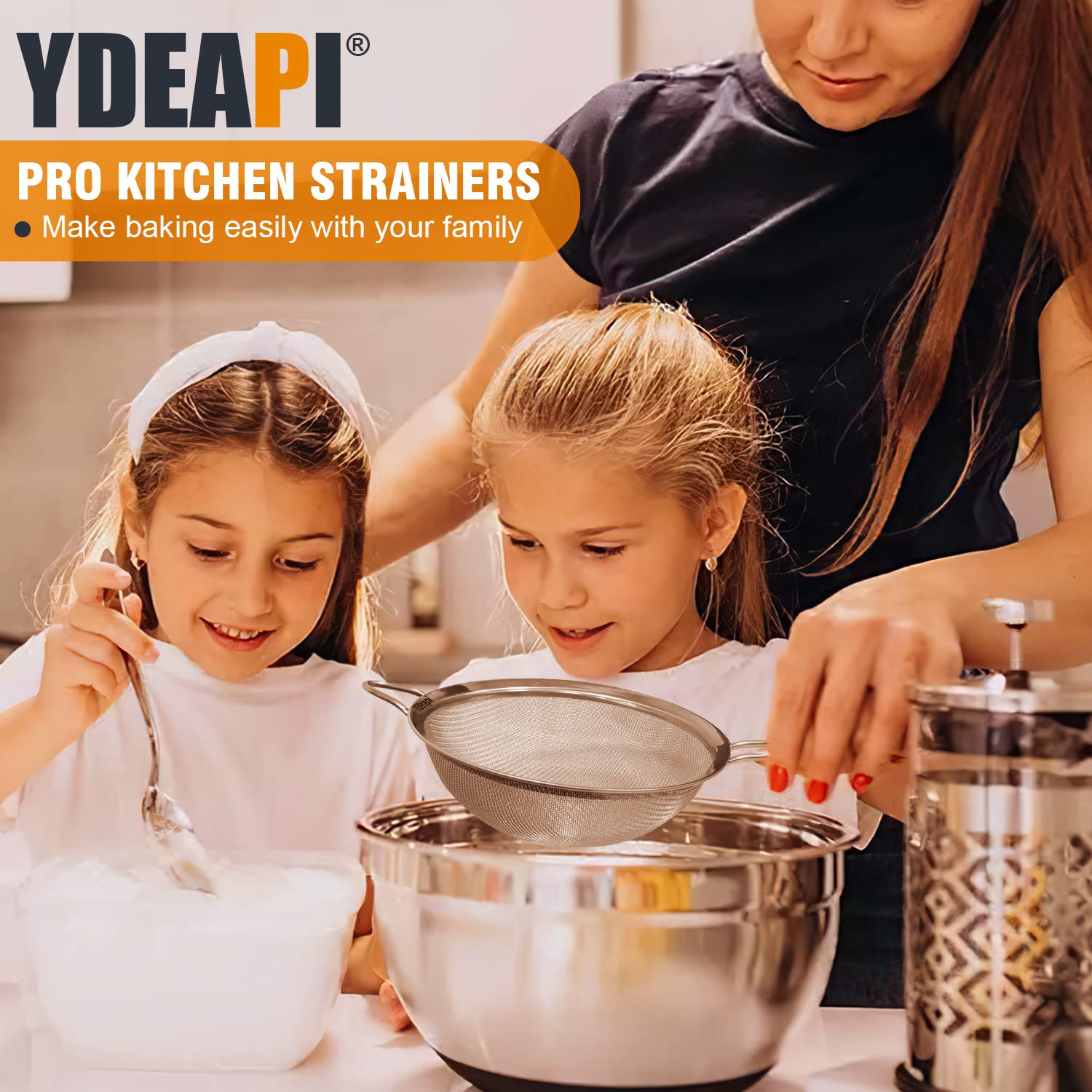 Ydeapi dishwasher safe stainless steel strainer for easy cleanup.