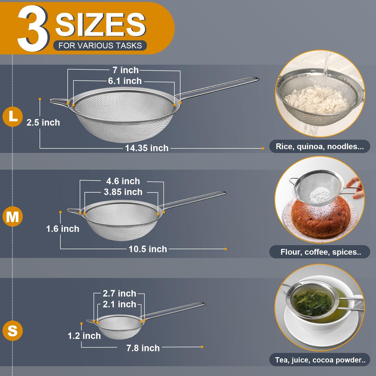 Ydeapi fine mesh strainer 4-6-inch for flour and coffee grounds.